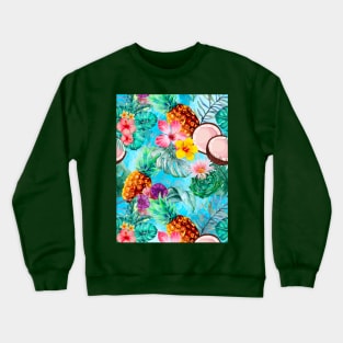 tropical pineapple exotic botanical illustration with floral tropical fruits, blue aqua fruit pattern over a Crewneck Sweatshirt